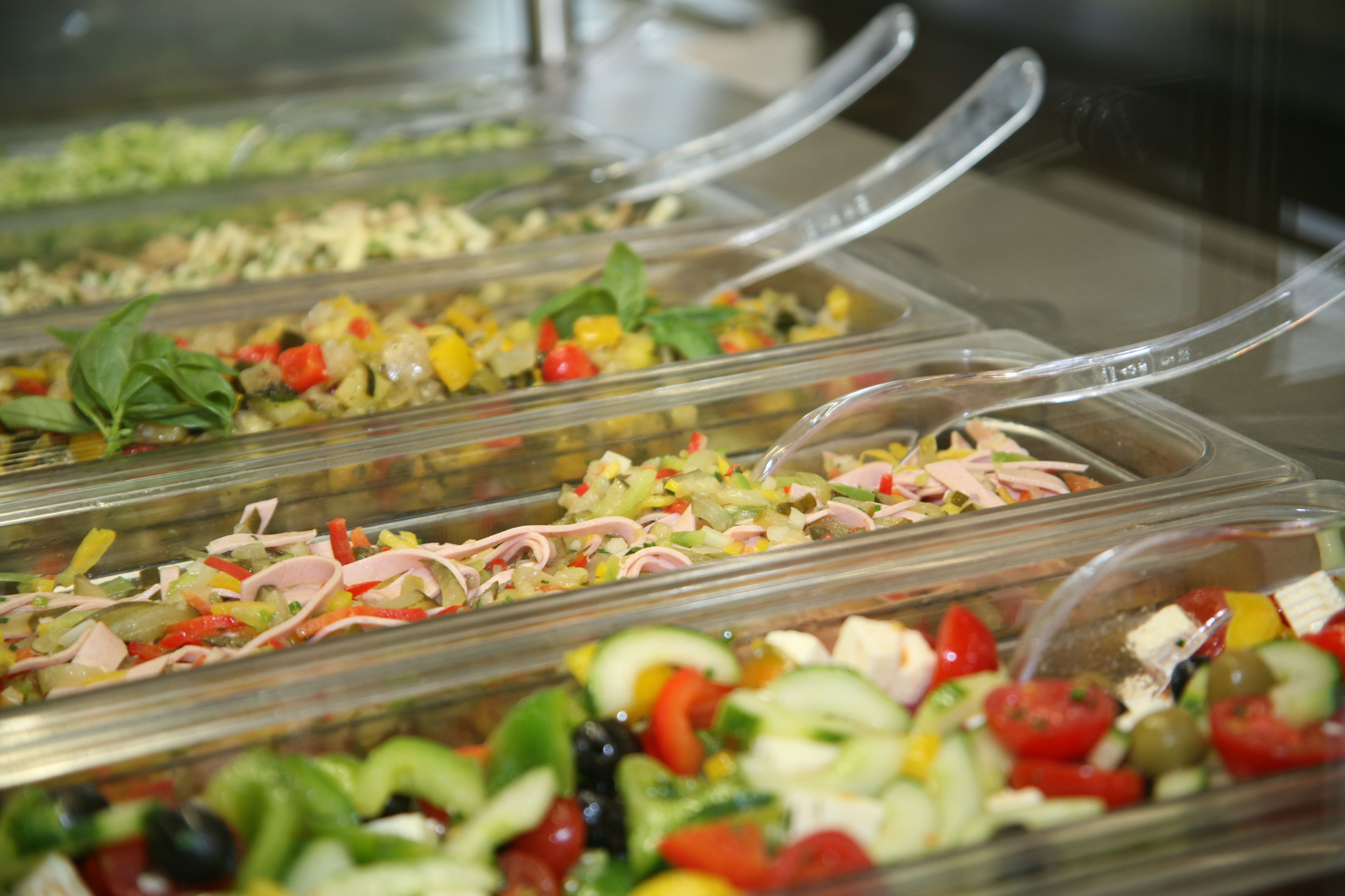 Nahaufnahme der Salatbar in der Cafeteria des Fraunhofer IRB. Zu erkennen sind fünf verschiedene Salate.