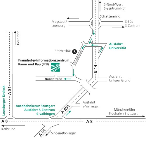 Schematische Darstellung der Anfahrt zum Fraunhofer IRB. Es sind verschiedene Straßen und Wegpunkte eingezeichnet.